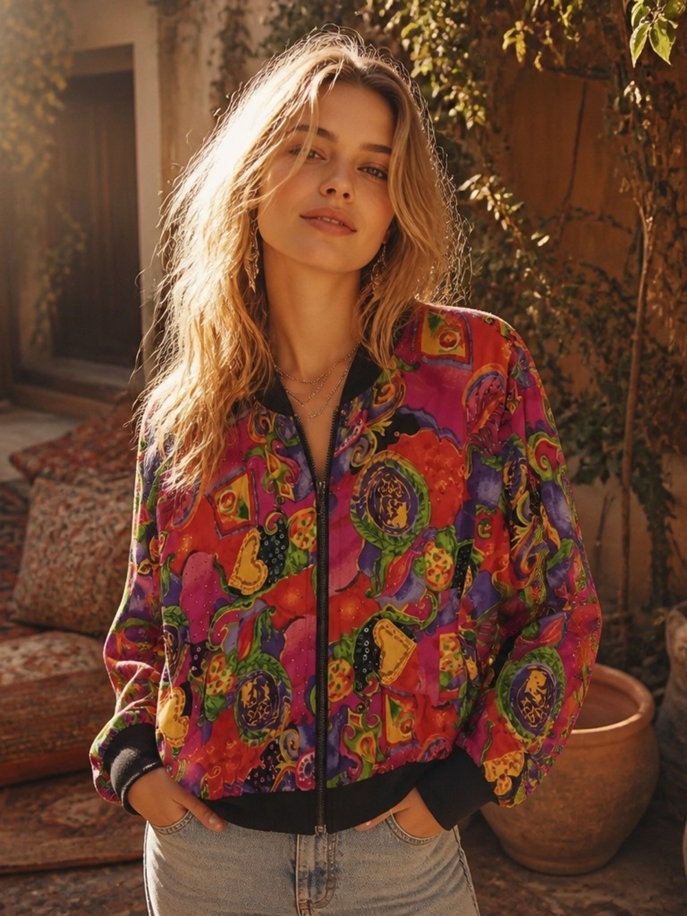 Vibrant Purple Multicolor Printed Bomber Jacket